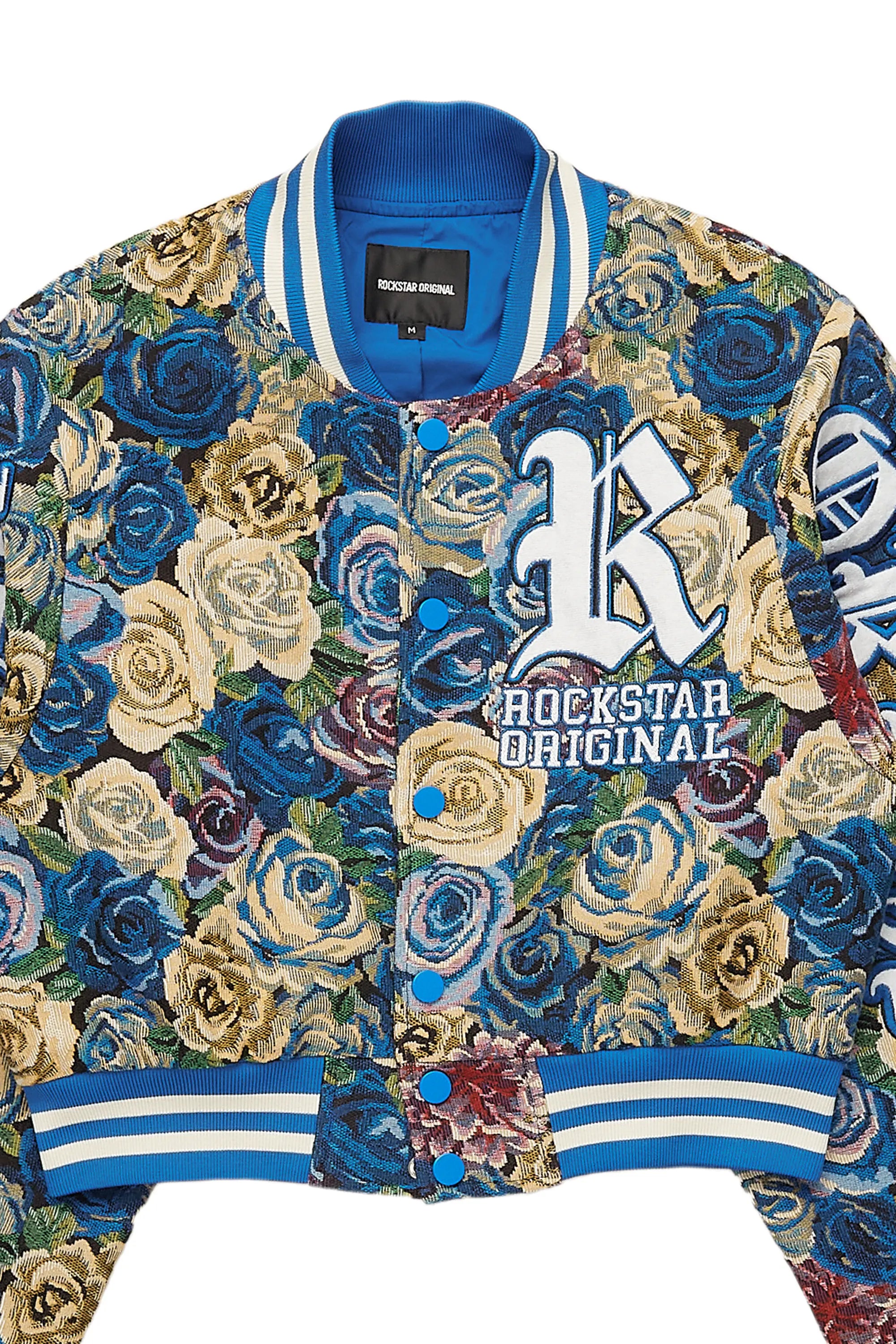Kyiori Blue Crop Tapestry Varsity Jacket