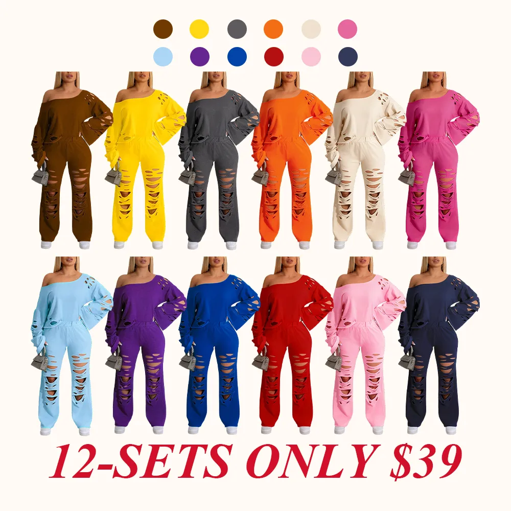 Women's Ripped Asymmetrical Neck Pullover & Wide Leg Pants Set