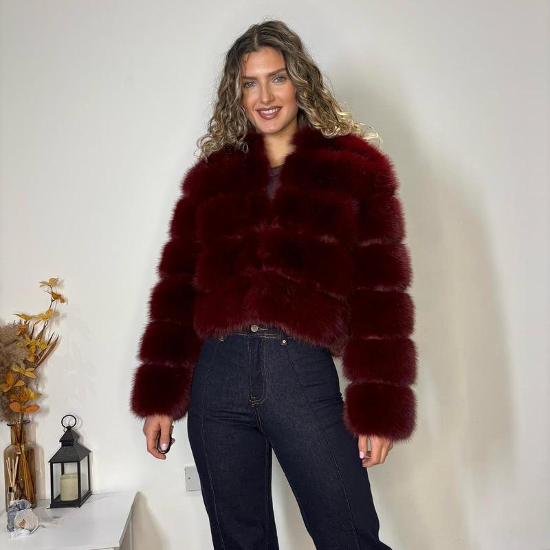 Faux Fur Cropped Collarless -Tiered Panel Winter Fluffy Soft Bubble Chunky Thick Coat Jacket Comfort Womenswear