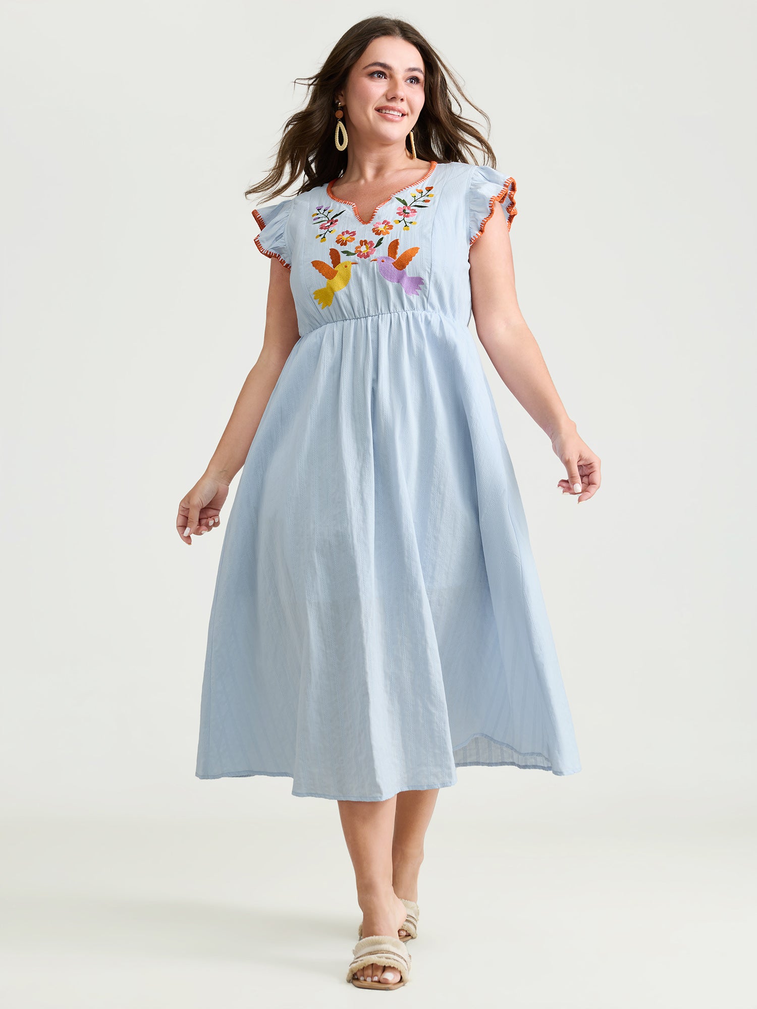 Pure Cotton Embroidered Flutter Sleeve Midi Dress