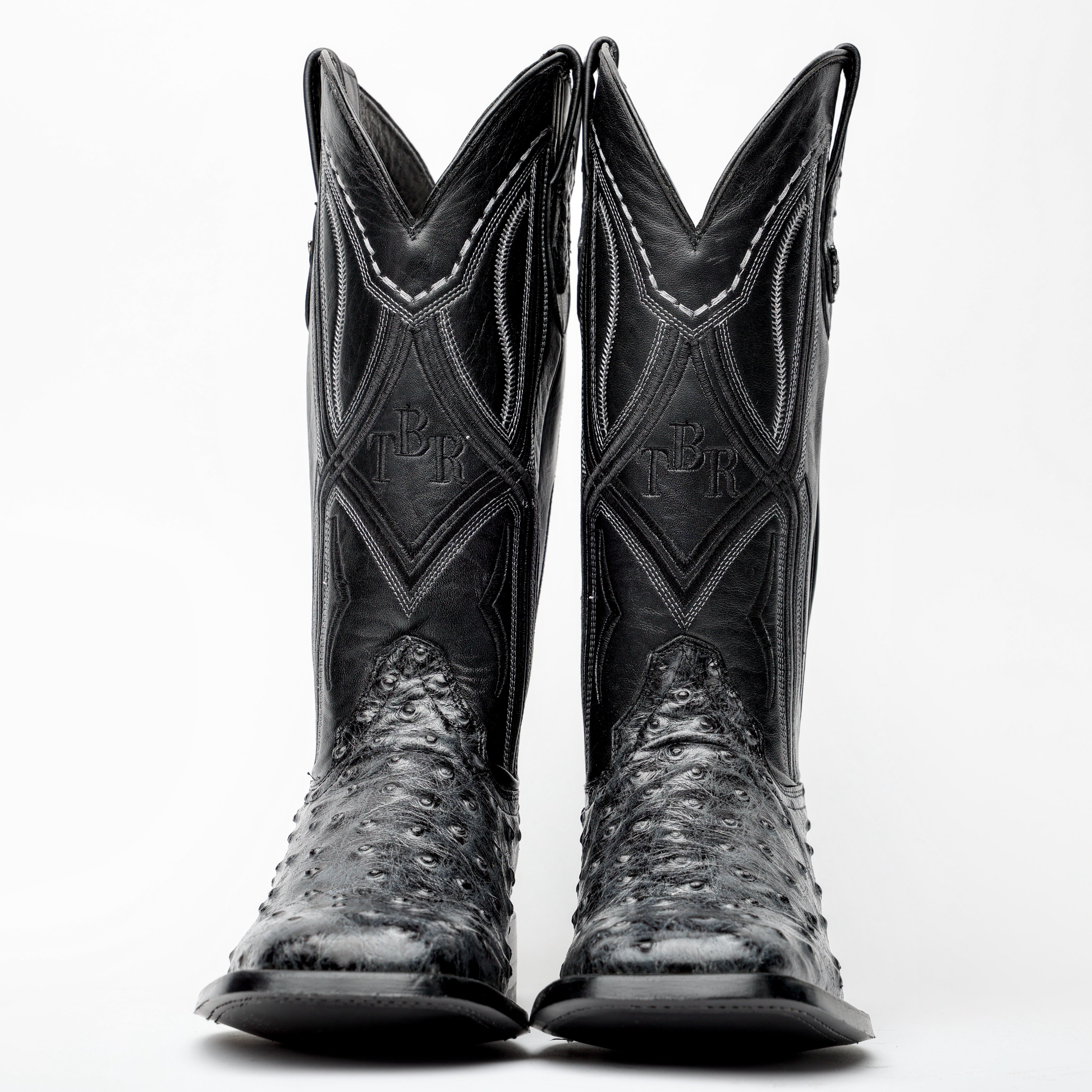 Grey Ostrich Leather Boots - Square Toe