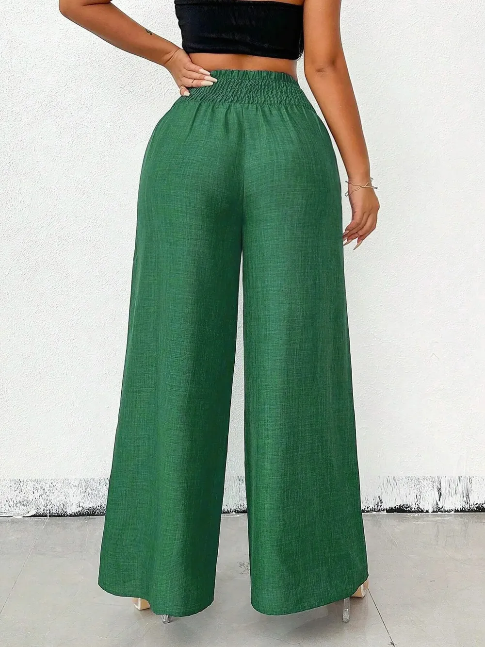 Women's Solid Color High-Waisted Pants, Stretchable Loose-Fitting Wide-Leg Trousers