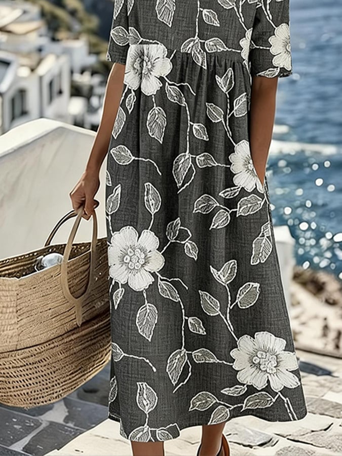 Women'S Vacation Round Neck Short Sleeve Printed Dress- Fast Shipping