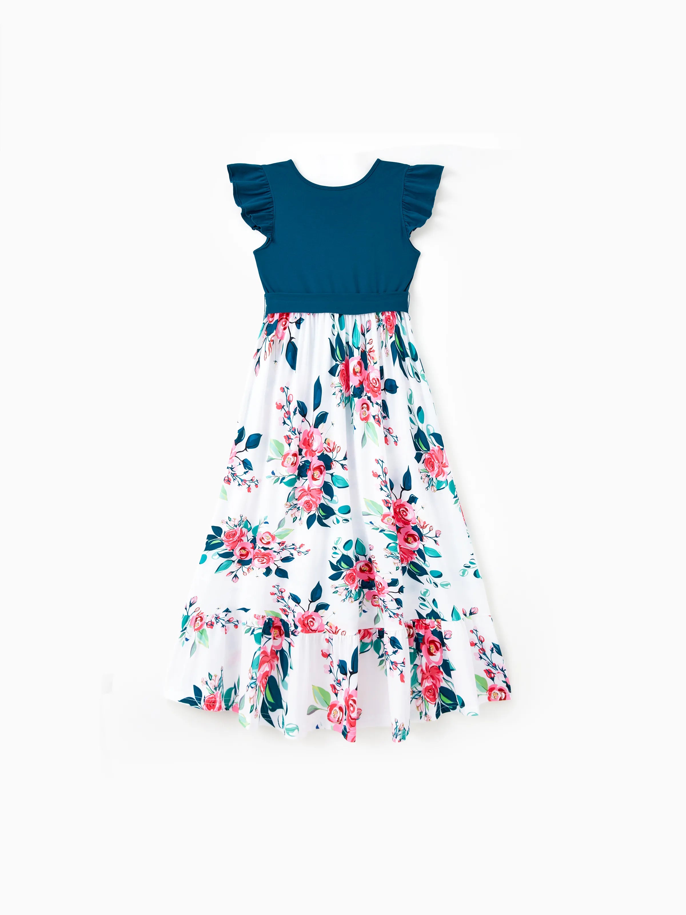 Family Matching Solid V Neck Flutter-sleeve Splicing Floral Print Dresses and Short-sleeve Colorblock T-shirts Sets Azure-
