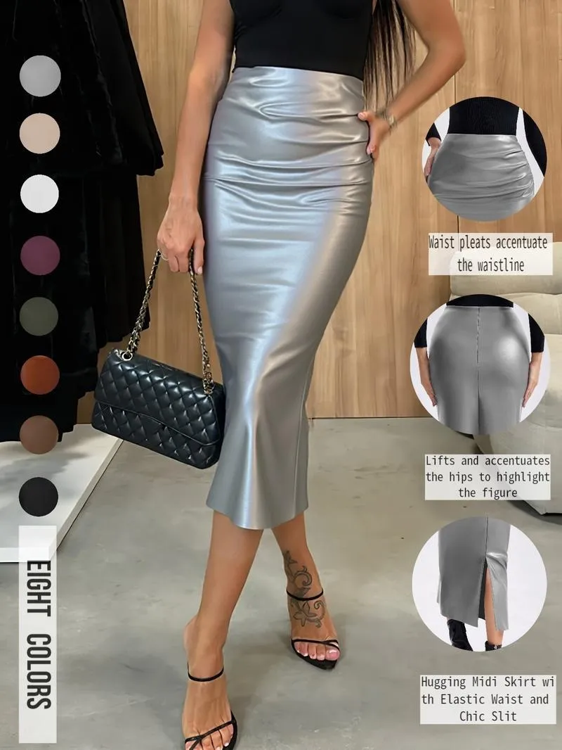 Women's Solid Color PU Leather Skirt, Fashionable Casual Skirt for Daily Outdoor Wear