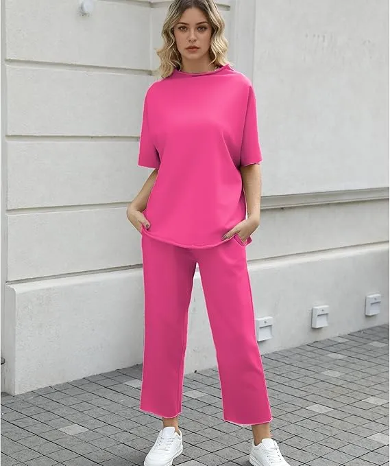 Women's 2 Piece Outfits Lounge Set 3/4 Batwing Sleeve Capelet Crew Neck Pullover Tops Wide Leg Pants