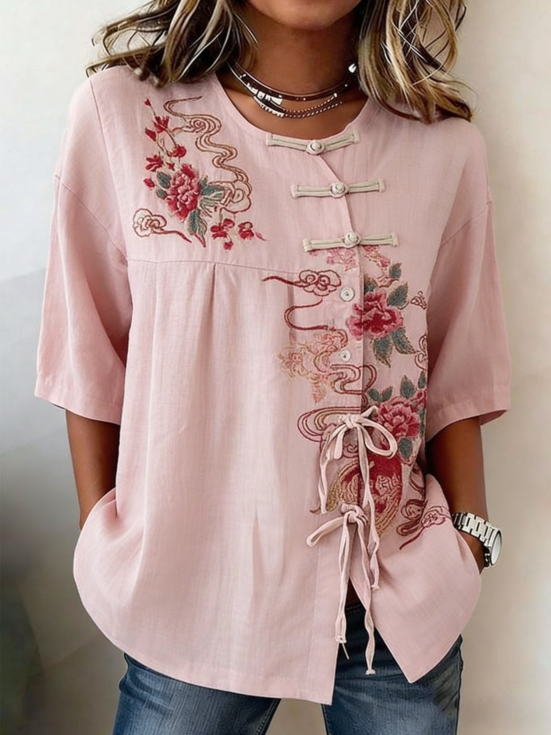 Women's Retro Floral Embroidered Cotton Linen V-Neck Blouse