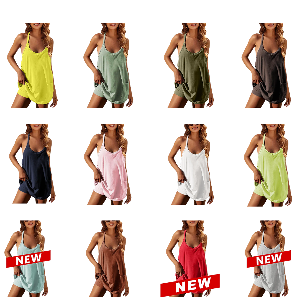 Women's Summer Sleeveless Mini Dress V Neck Spaghetti Straps Athletic Built-in Shorts Sundress
