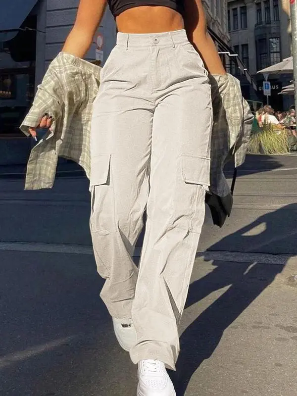 Women's Plain Flap Pocket Button High Waist Cargo Pants