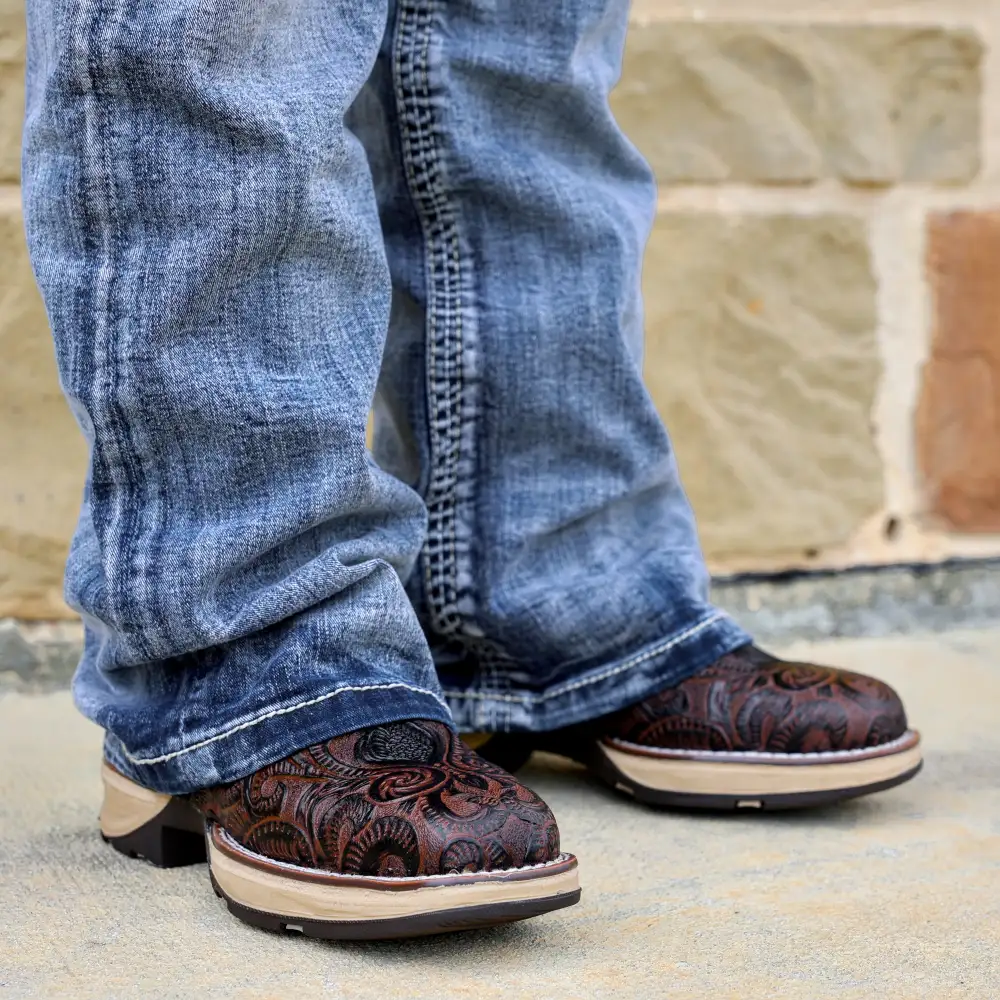 Brown Hand-Tooled Leather Boots With 3D Lightweight Sole - Composite Toe