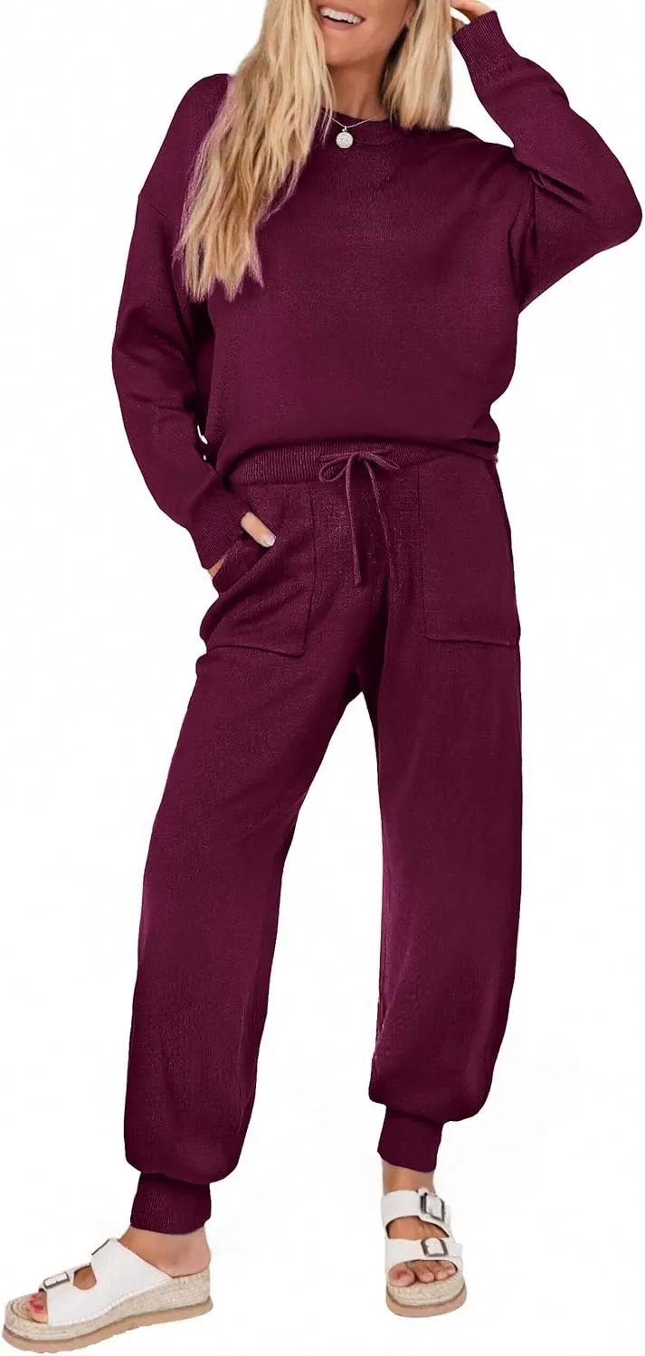 Women's Long Sleeve Knit Loungewear Set Jogger Pants Outfit