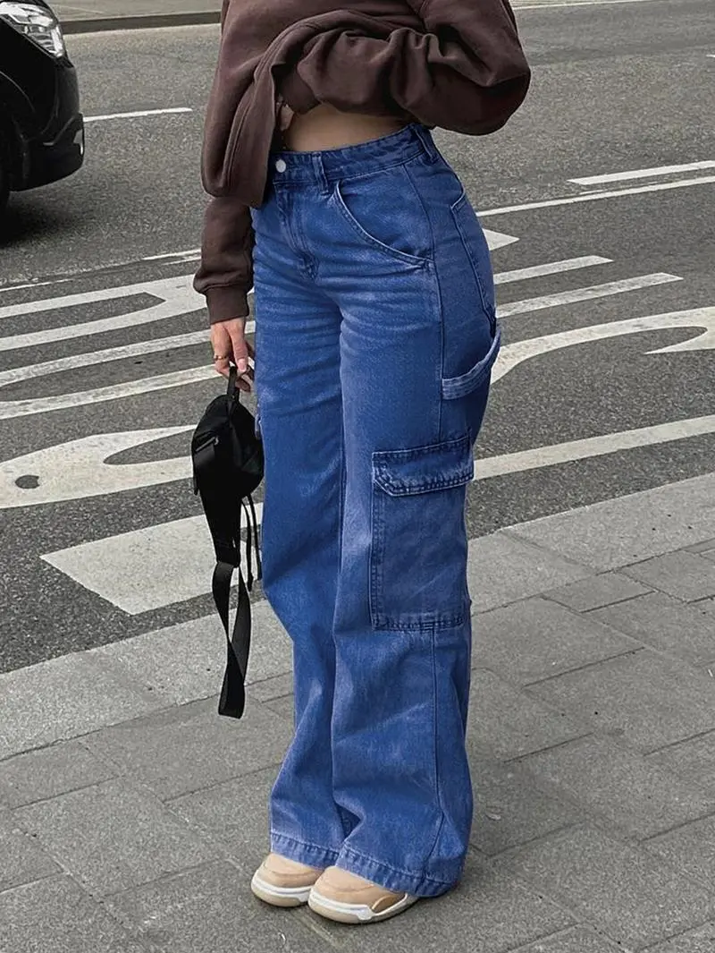 Women's High Waist Cargo Jeans with 6 Pockets, Wide Leg Baggy Denim Pants for Casual Street Style