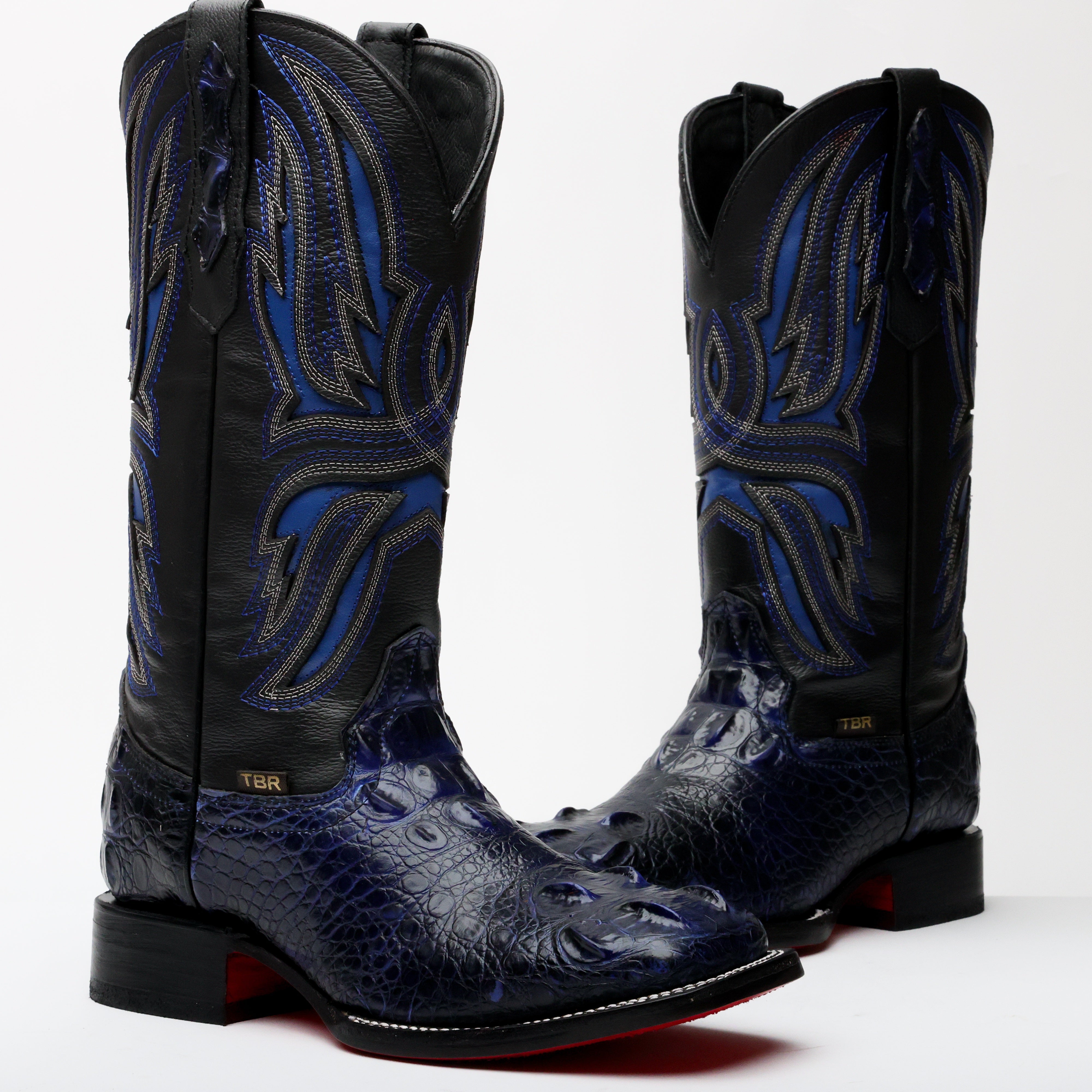 Black/Blue Giant Caiman Neck Leather Boots - Square Toe