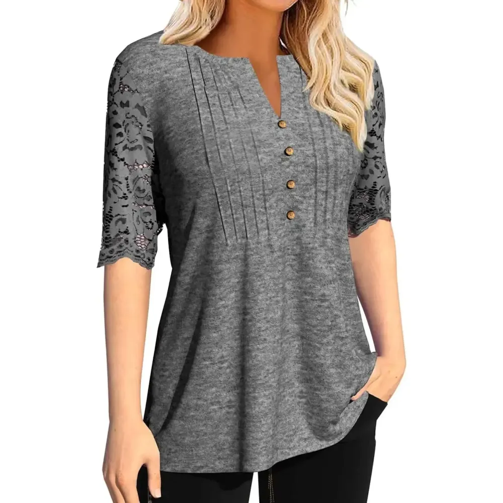 Women's Lace Sleeve Summer T-Shirt V-Neck Botton Up Basic Solid Color Casual Tunic Tops