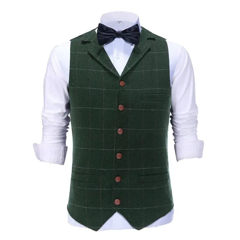 Men's Retro Tweed Vest Herringbone Wool-Polyester Blend Classic Formal & Casual Sleeveless Waistcoat Dress Fabric