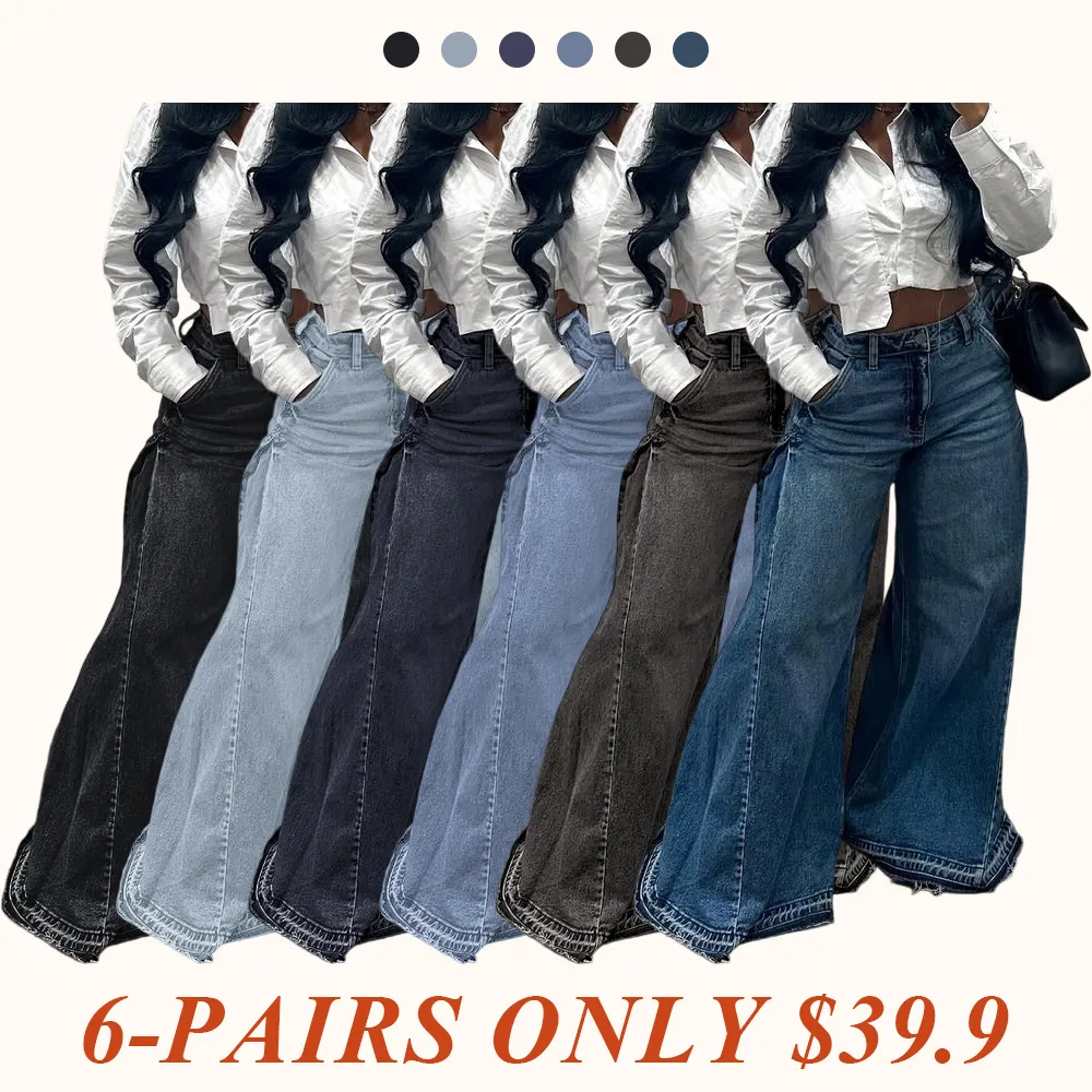 Women Flared Wide Side Loose Jeans High Waist