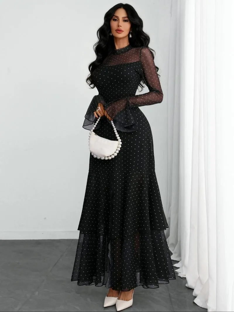 Women's Romantic Polka Dot Split Mesh Patchwork Layered Elegant Flared Skirt Dress