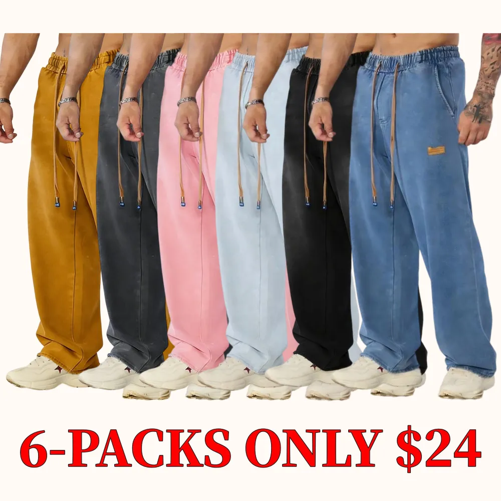 Men's straight leg jeans, casual drawstring elastic waistband