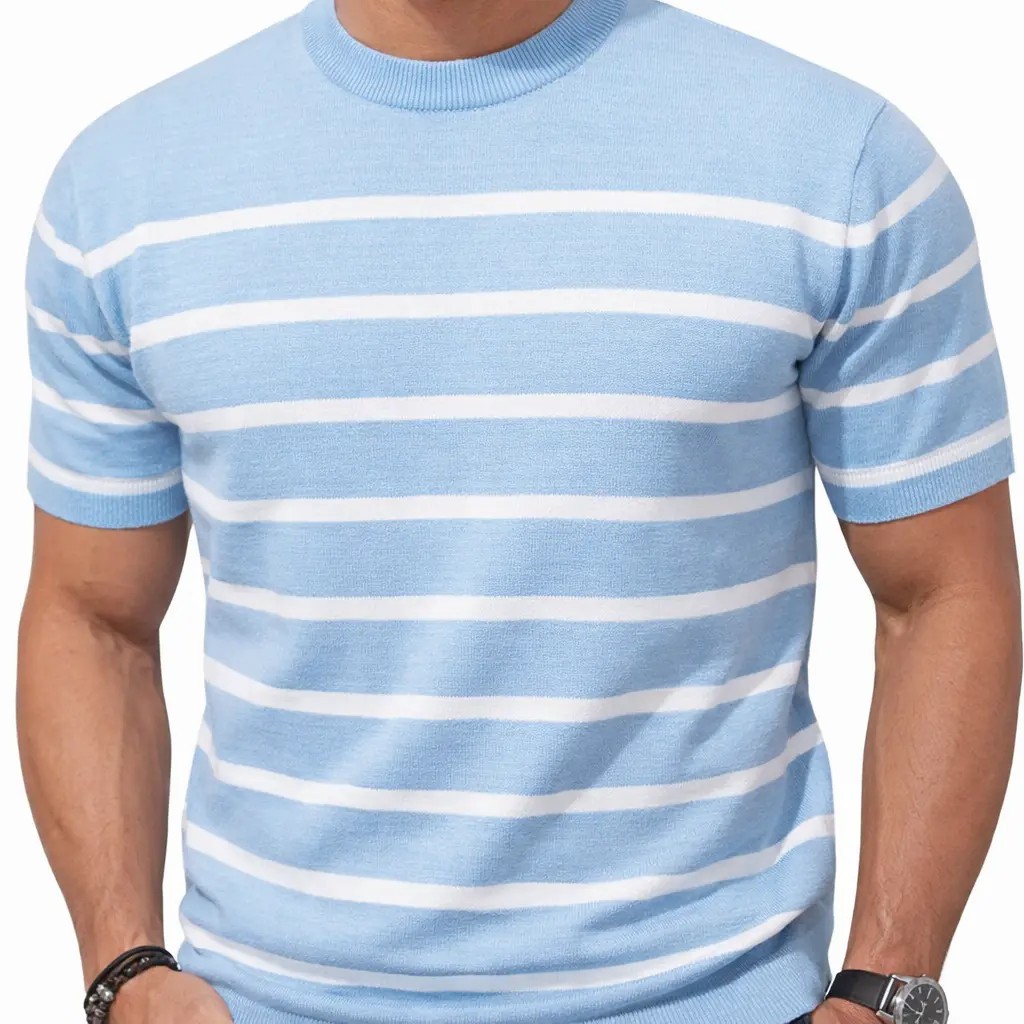 Unisex Retro Striped Knitted T-Shirt – Vintage Crew Neck Summer Basic