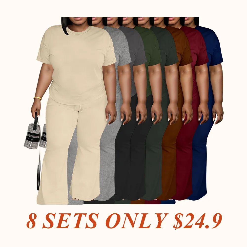 Women's Fashionable Big Size Casual Round Neck Short Sleeve Top & Loose Fit Straight Pants Set, Spring & Fall Comfortable Plain Design