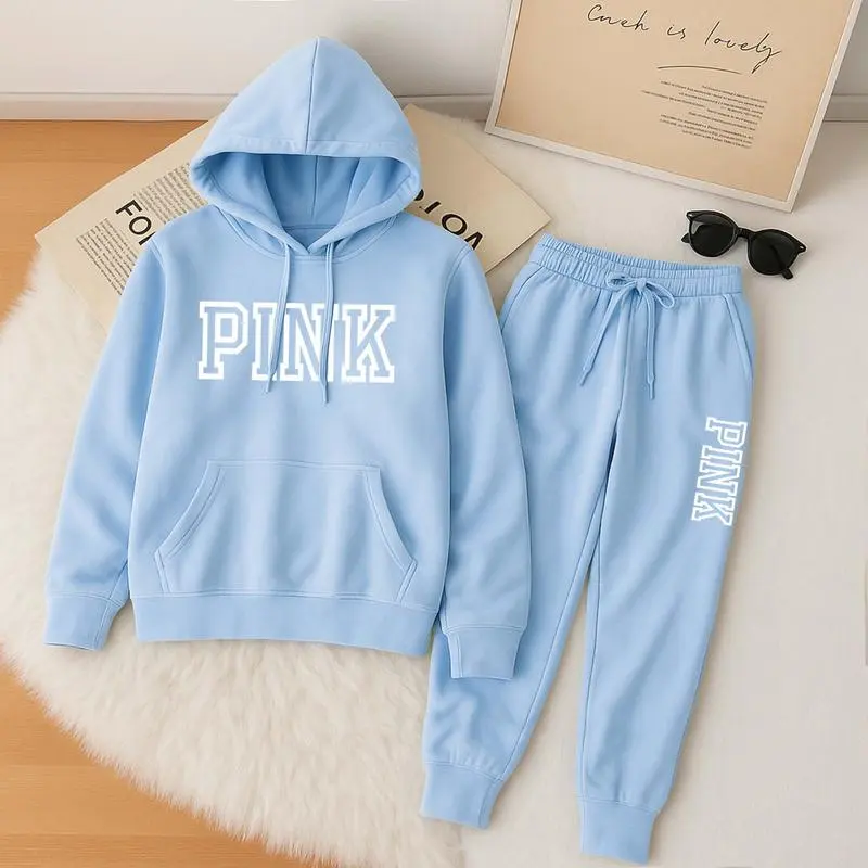 Women's Pink Print Hoodie And Drawstring Track Pants Set, Casual Sportswear