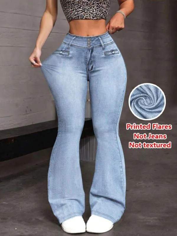 Women's Denim Print Flare Pants, Fashionable Long Jeans for Women, Casual High Waist Wide Leg Trousers