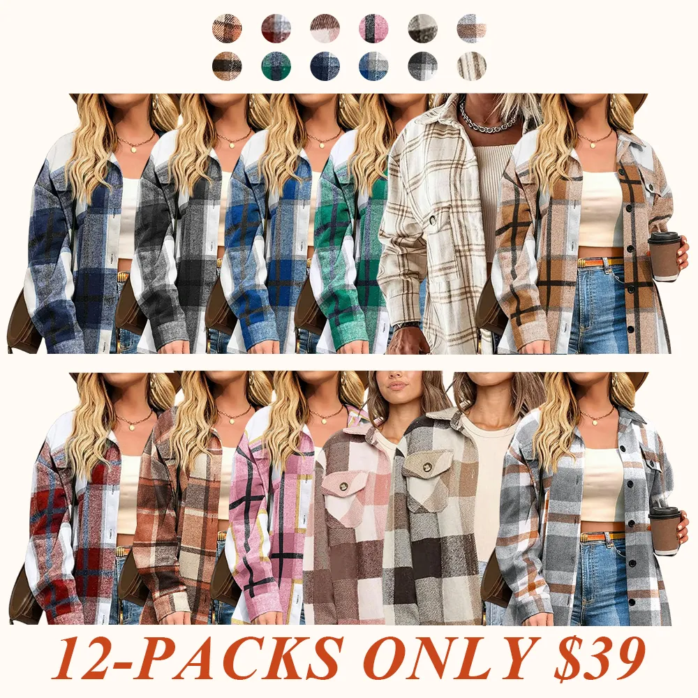 Womens Plus Size Shacket Jacket Flannel Plaid Long Sleeve