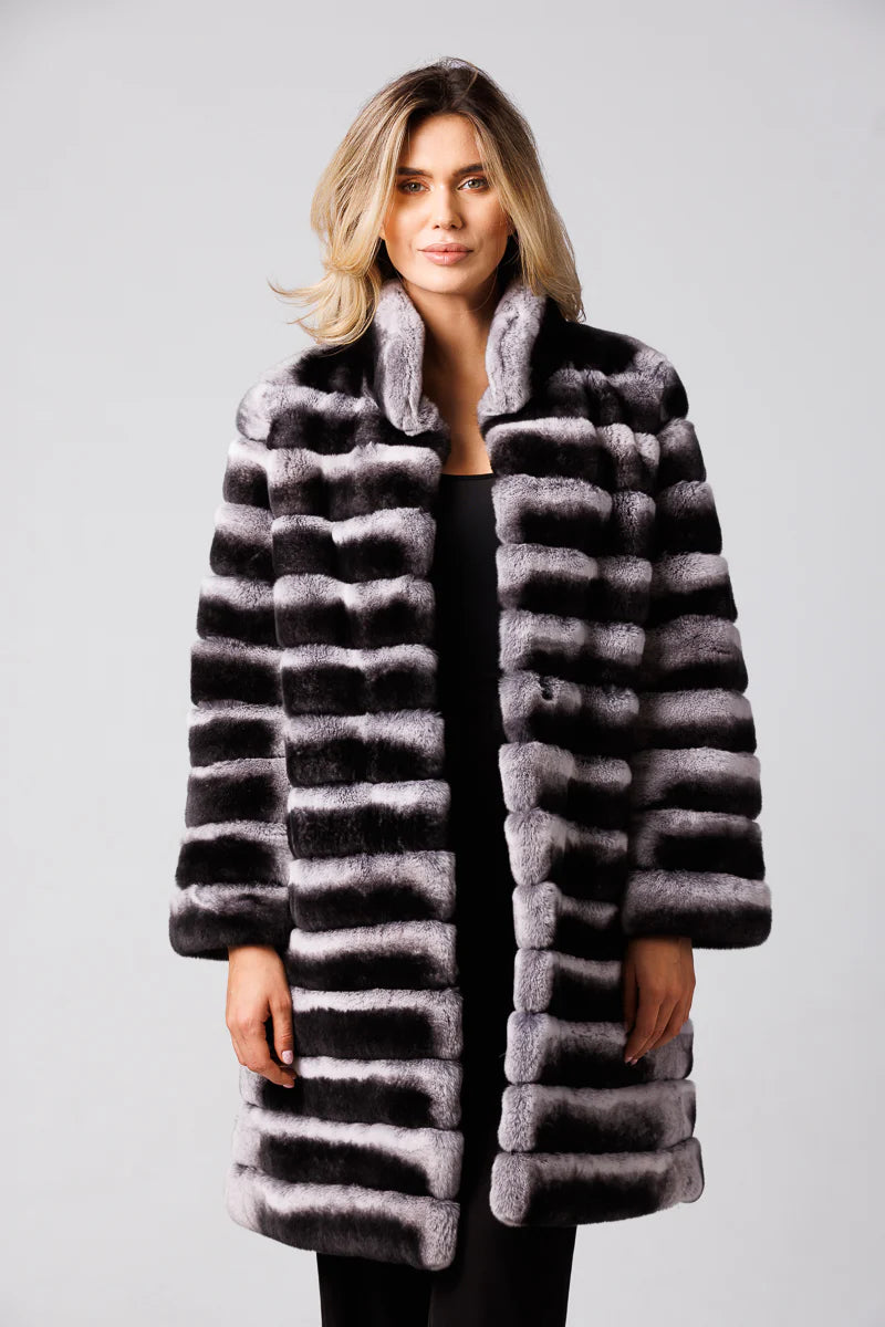 Haină din Blană Naturală de Rex Chinchilla, Long, Transformabilă, Femei, Silver Grey 181