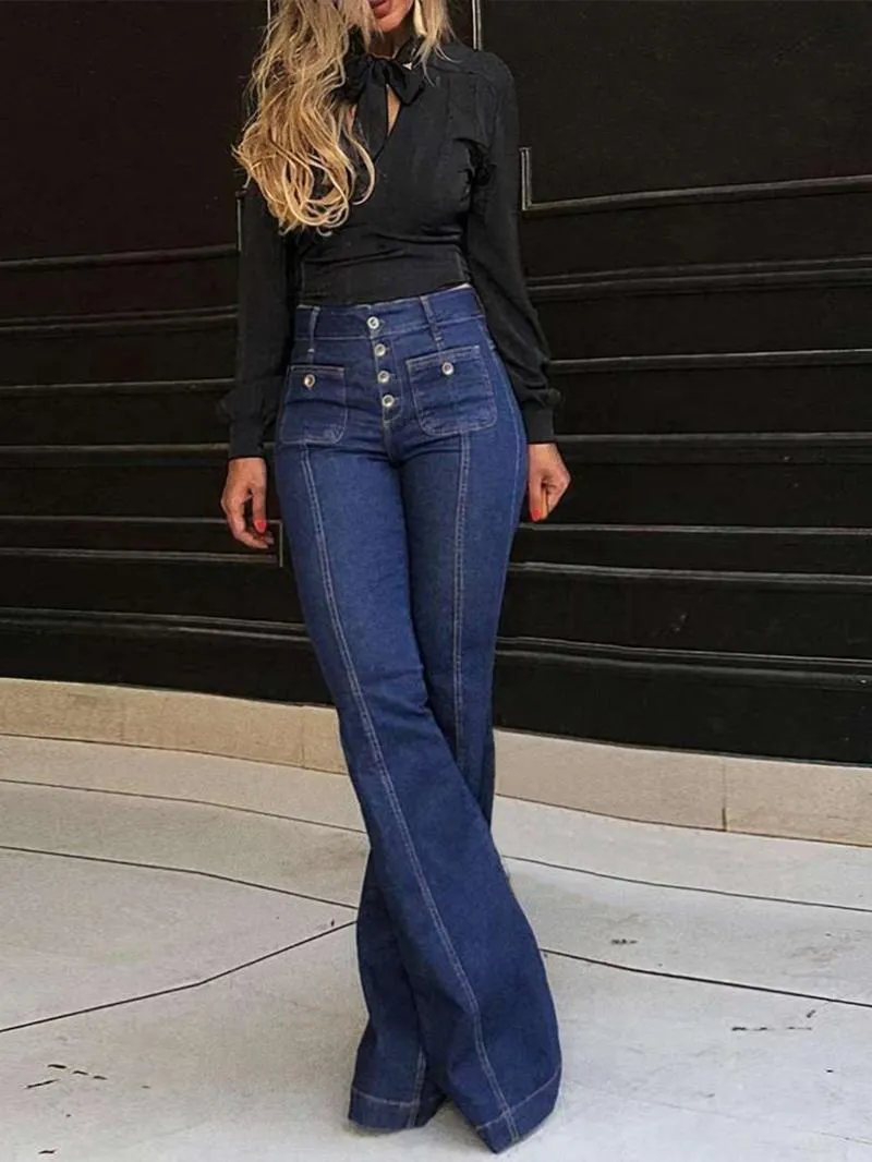 Women's Plain Flare Leg Jeans with Button & Pockets , Casual Bell Bottom Trousers for Daily Wear