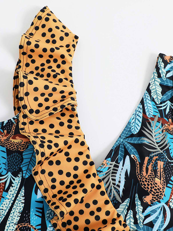 Floral Leopard Print One Piece Swimsuit