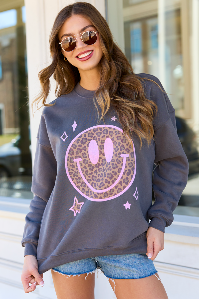 Leopard Smiley Face Dark Grey Graphic Sweatshirt