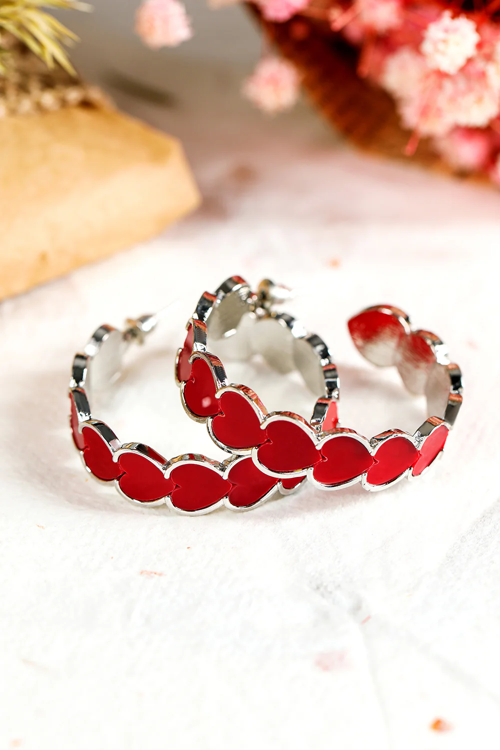 Fiery Red Hearts Decor Alloy C-shape Hoop Earrings