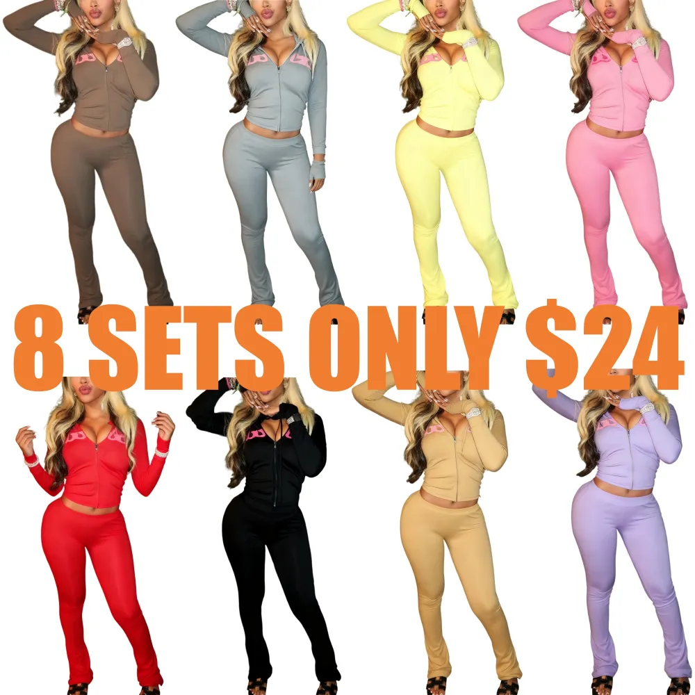 Women's Fall Winter Hooded Letter Print Zipper Jacket and Pants Set