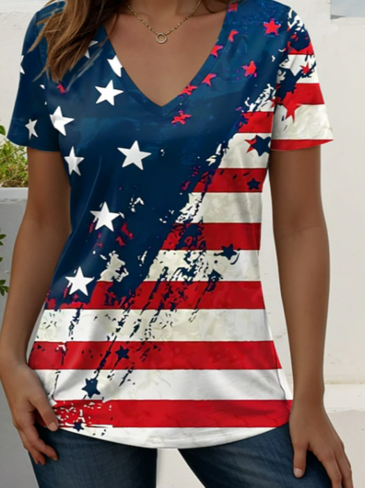 Women's Short Sleeve T-shirt Summer As Picture Star Printing V Neck Holiday Going Out Vintage Top