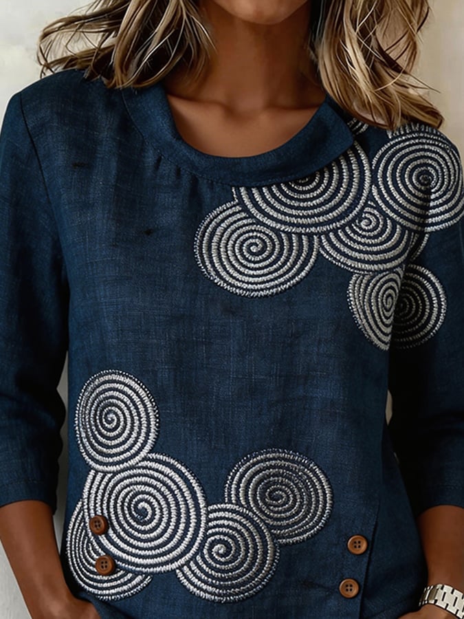 Women's Casual Round Neck Printed Cotton Linen Shirt- Fast Shipping