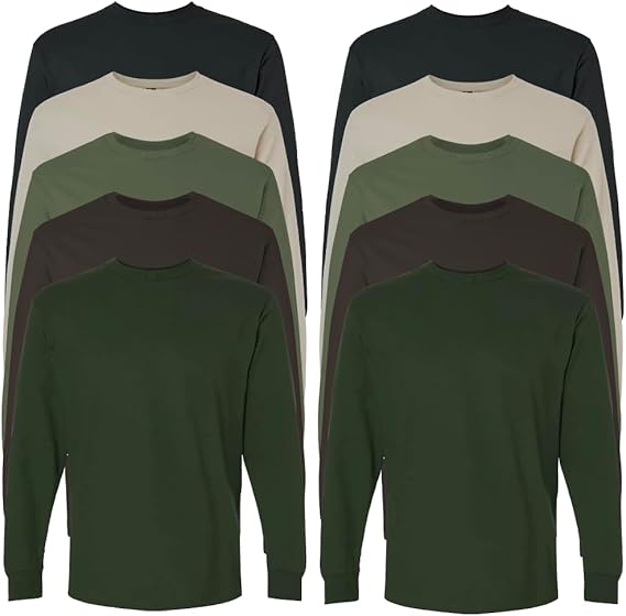 10 Pack: Men's 100% Cotton Crew Neck Long Sleeve Tee Casual Basic T-Shirt Sizes S-6XL Soft-Touch Fabric Ribbed Cuffs Tailored Fit PLUS SIZES