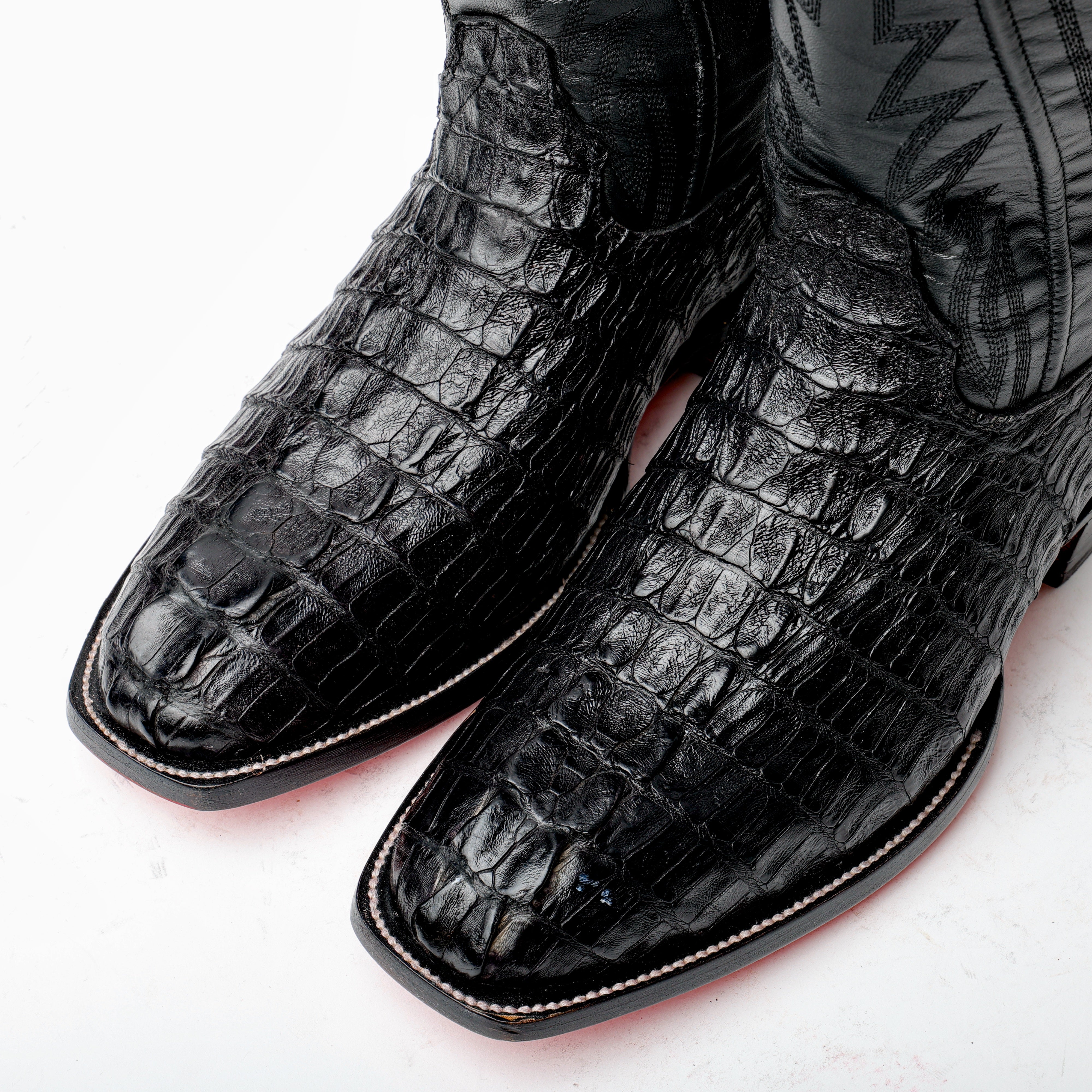 Black GENUINE Caiman Tail Boots - French Toe