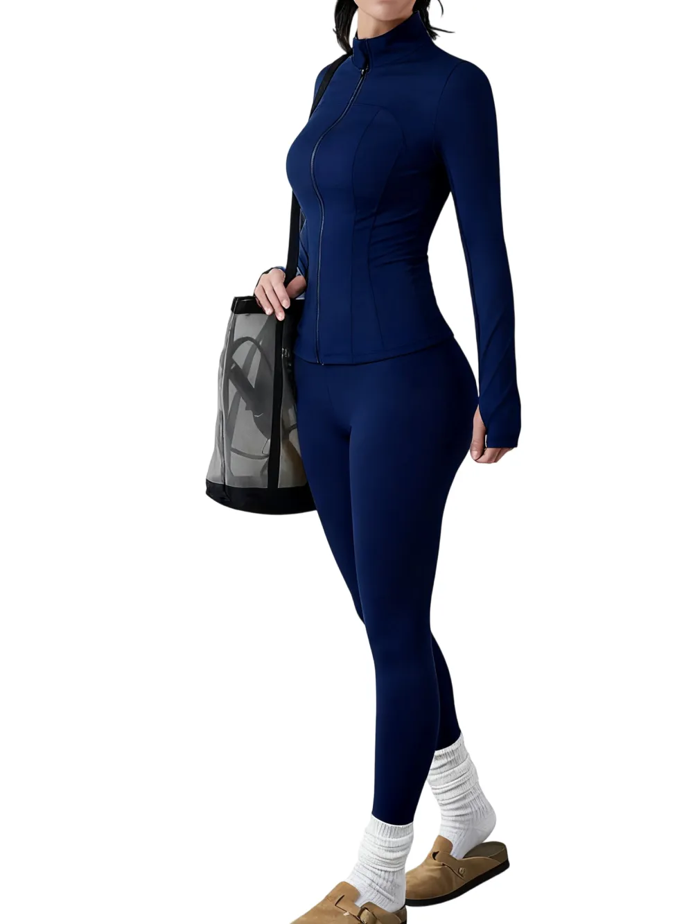 Women's Solid Zip Up Jacket & High Waist Leggings Tracksuit Set