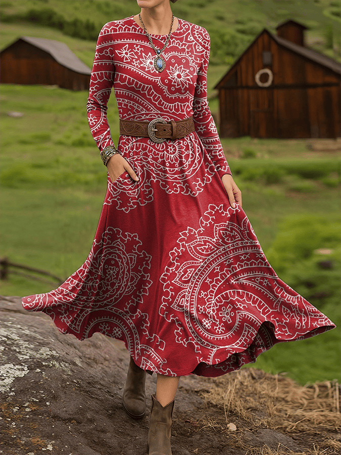 Women's Vintage Western Print Long Sleeve Dress