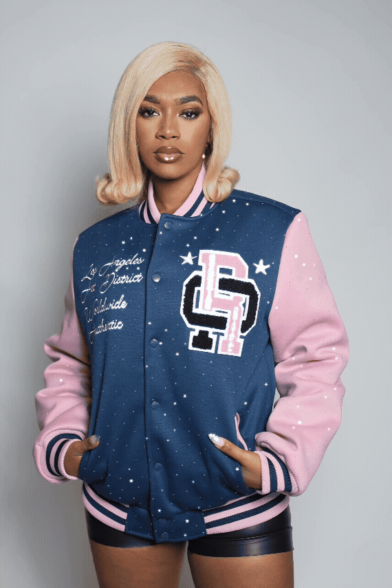 Ranesha Navy/Pink Rhinestone Varsity Jacket