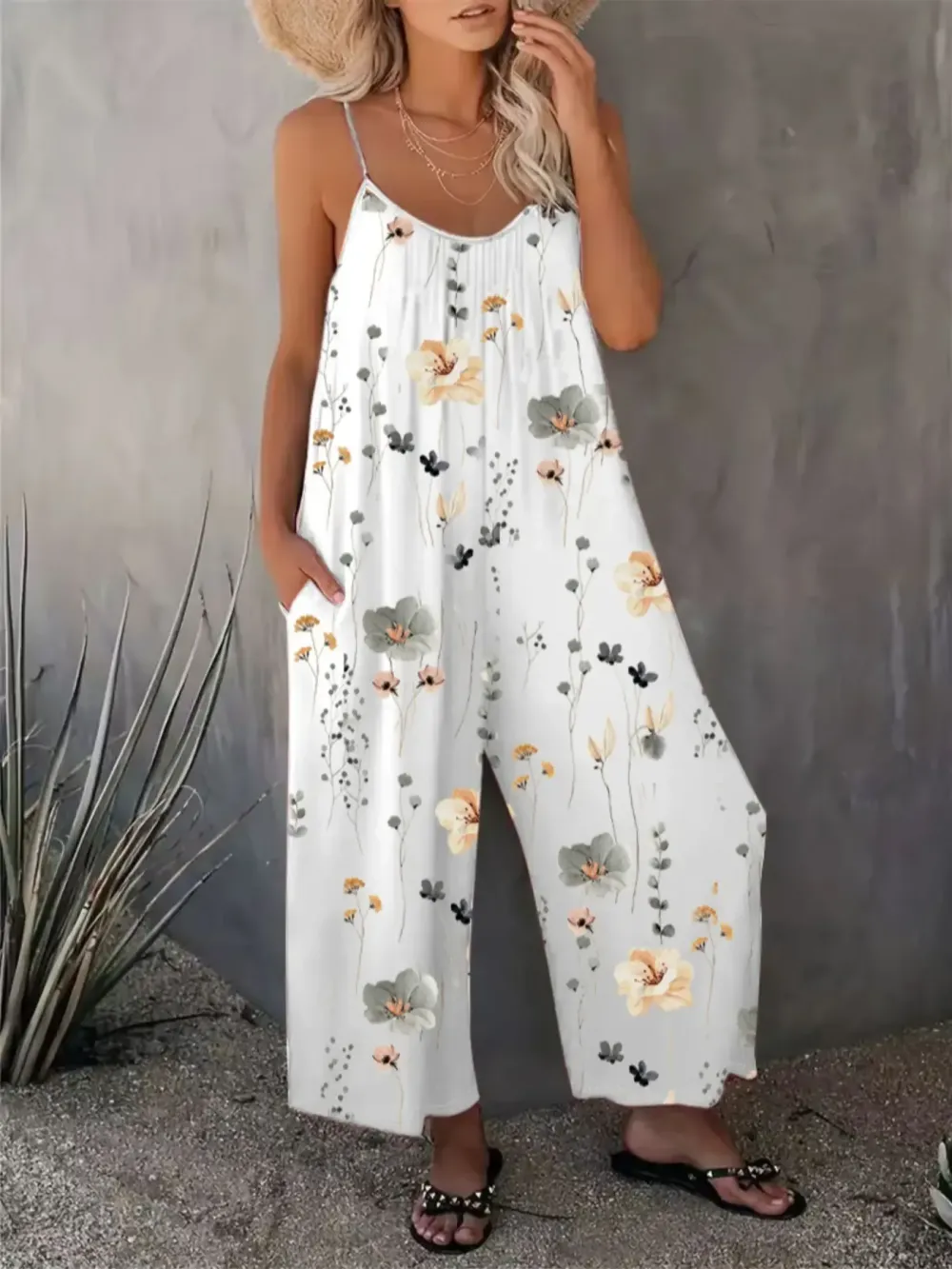 Comfortable Loose Jumpsuit, Perfect Vacation Selection, Just Right Pocket Design, U Neck Ruched Fit