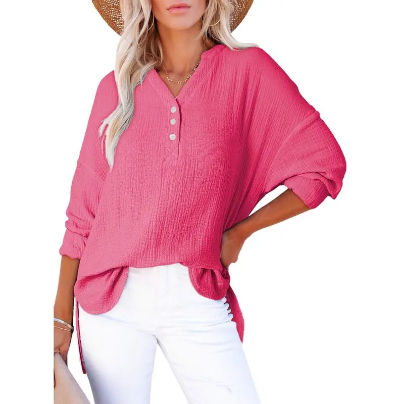 Women's Casual Button V Neck Long Sleeve Shirts Oversized Solid Blouses Tops