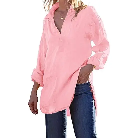 Womens Cotton Linen Tunic Shirts Button Down Long Sleeve Blouse Tops Beach Cover Up