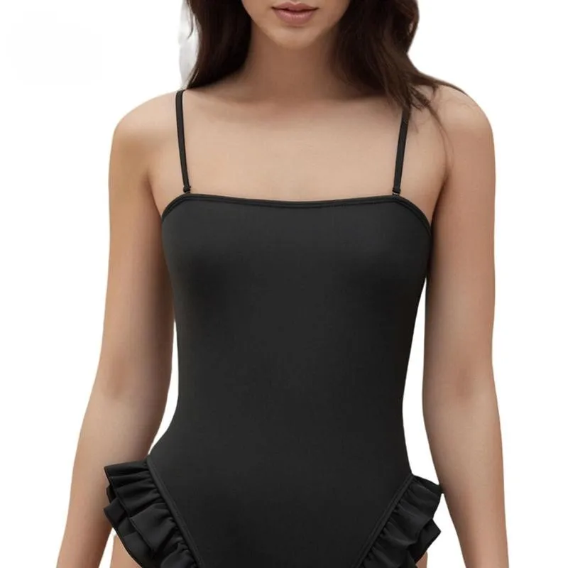 Ladies' thin shoulder straps square neckline ruffled swimsuit