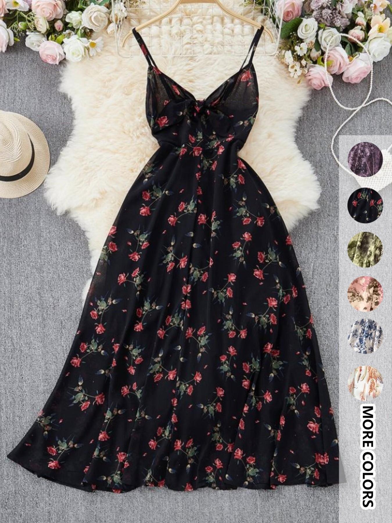 Women's Boho Floral Print Spaghetti Strap Cami Dress – Summer A-Line
