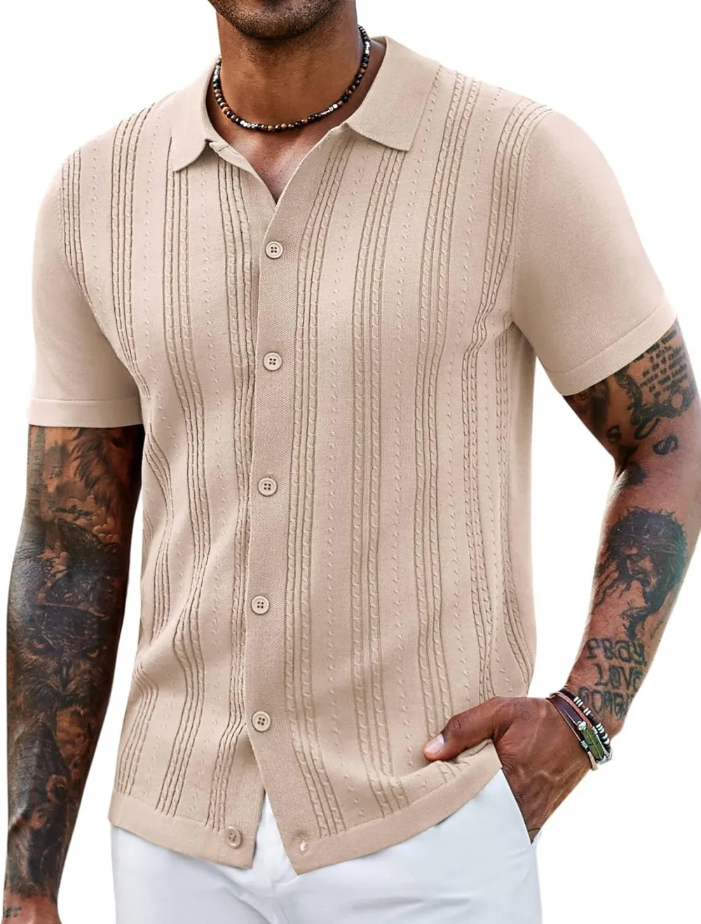 Men's Knit Shirts Short Sleeve Casual Button Down Polo Shirt Summer Beach Vacation Shirts Outfit Top