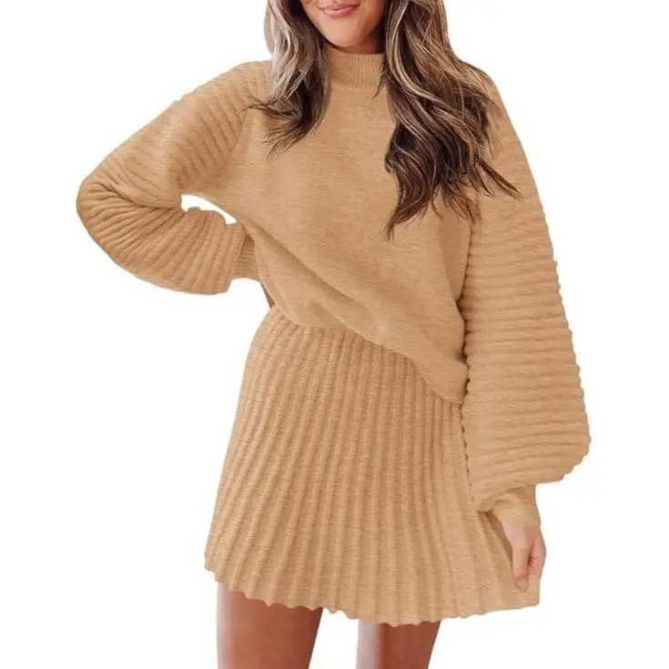 Women's long-sleeved sweater and mini skirt two-piece set