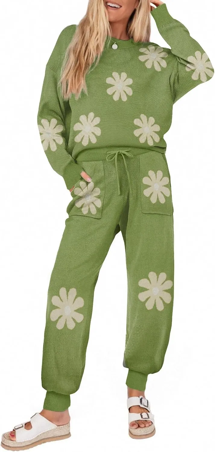 Women's Long Sleeve Knit Loungewear Set Jogger Pants Outfit