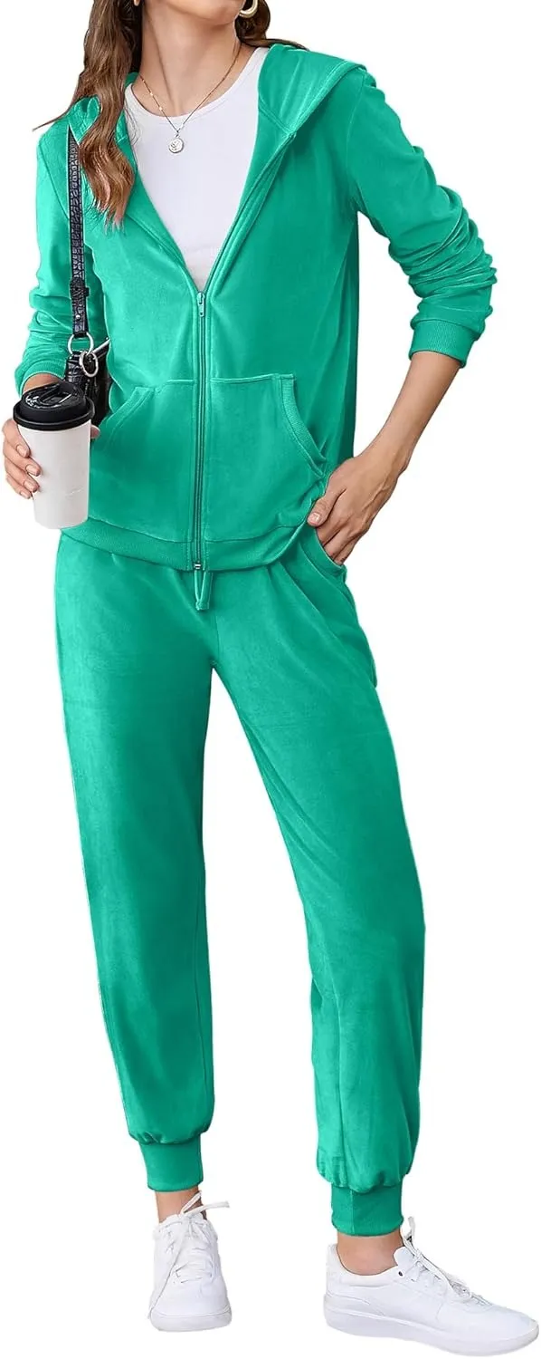Women's Casual Velour Tracksuit Set Full Zipper Hoodie
