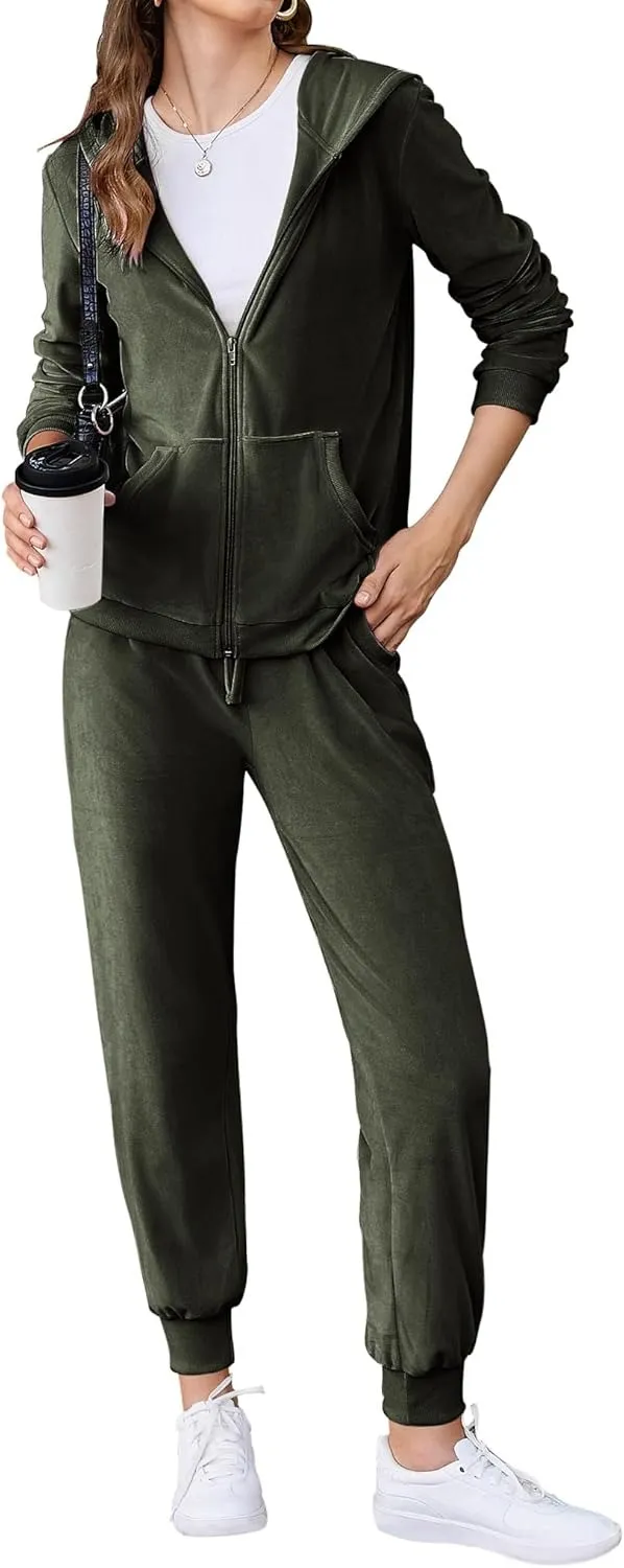 Women's Casual Velour Tracksuit Set Full Zipper Hoodie